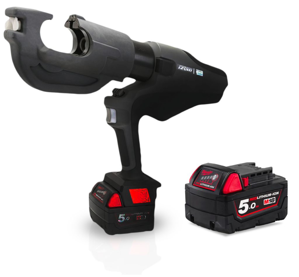 M18™ REDLITHIUM™ 5.0Ah battery shown alongside the Izumi S7G-C510M 12-tonne battery-powered hydraulic crimper, highlighting cordless power and precision industrial tooling.