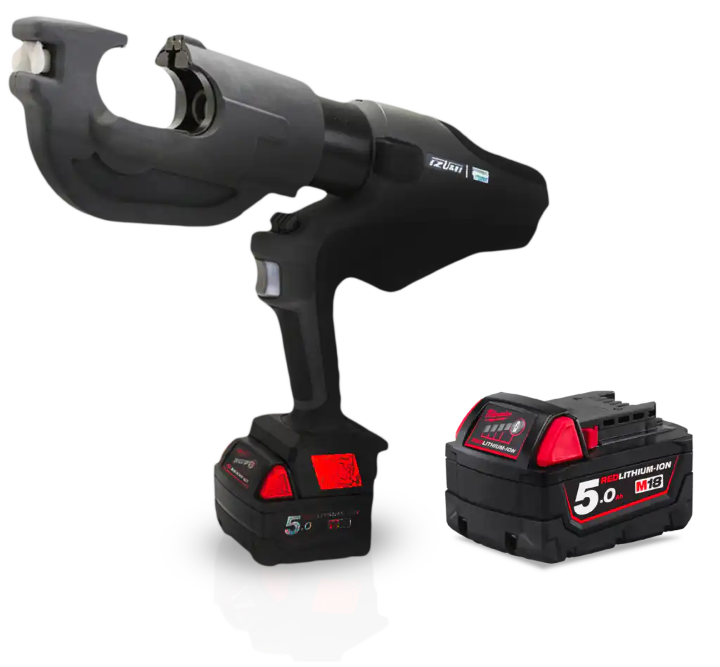 M18™ REDLITHIUM™ 5.0Ah battery shown alongside the Izumi S7G-C510M 12-tonne battery-powered hydraulic crimper, highlighting cordless power and precision industrial tooling.